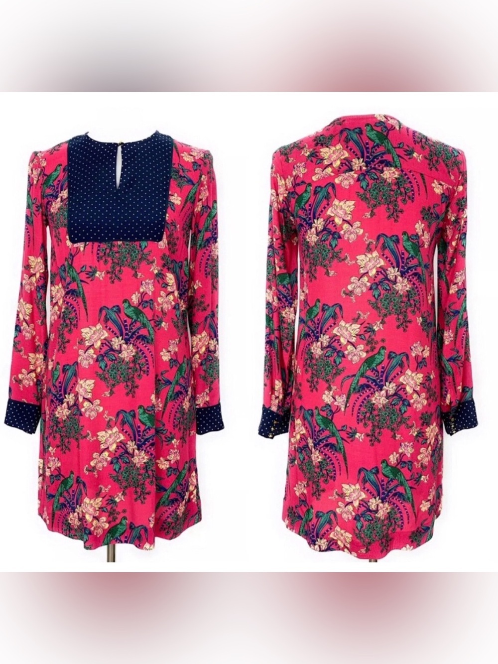 Anthropologie Maeve long sleeve whimsical boho eclectic pheasant print dress 10